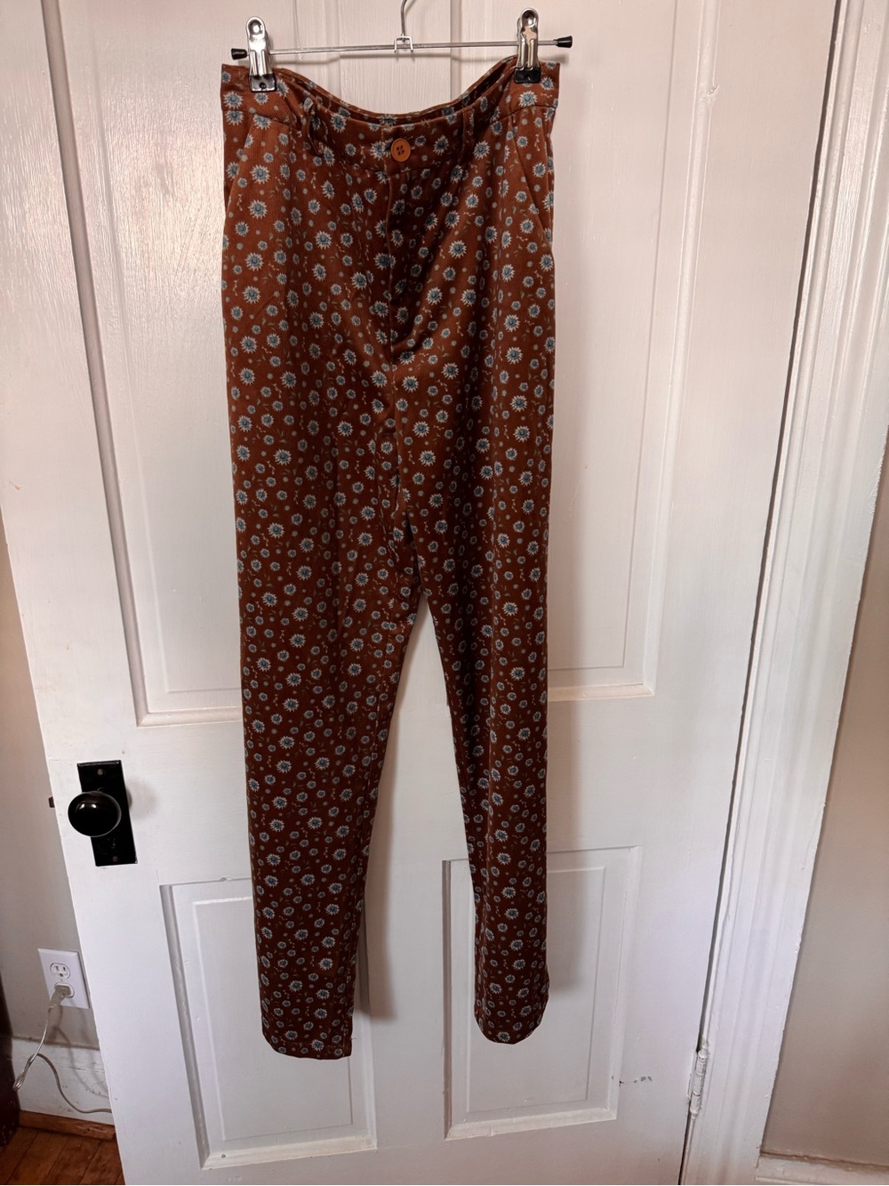 Cider Rust-Brown Corduroy Floral Pants with Blue Accents